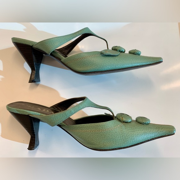 Genuine PRADA light green leather floral MULES 2” kitten heel sz 37 US 6.5-7 - Picture 14 of 16